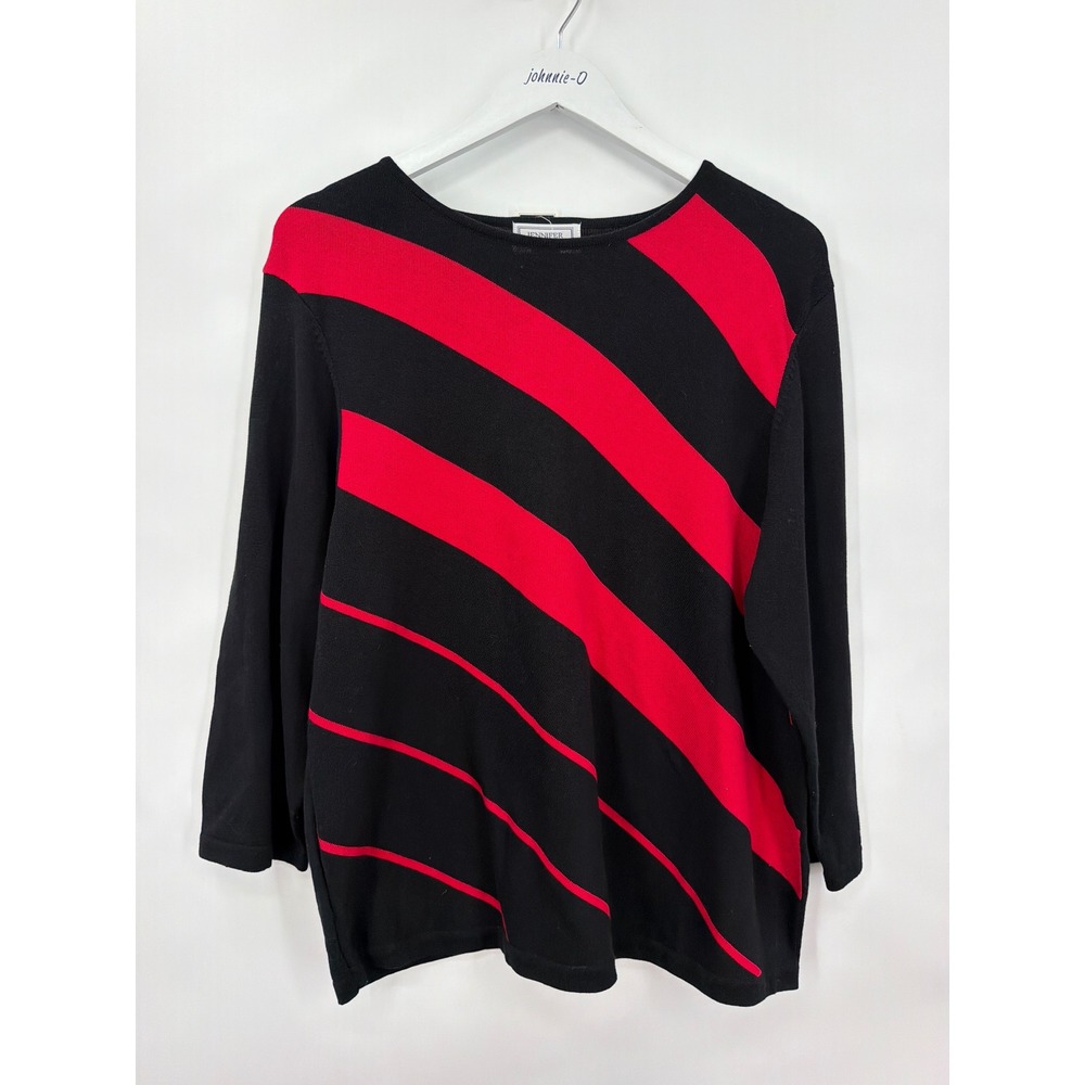 Jennifer Moore Women XL Red Black Diag Stripe Cotton Knit Top Y2K 3/4 Sleeve